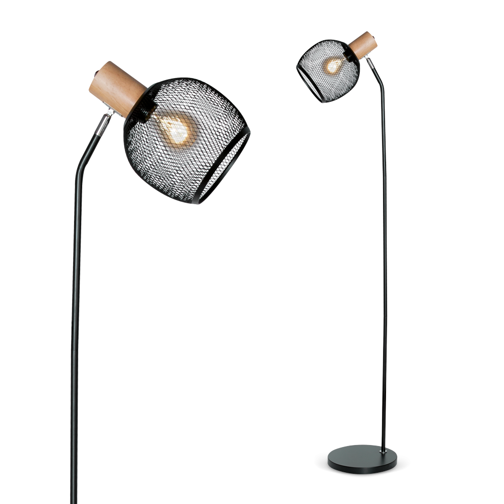 LAMPARA PIE CHAPA Y MADERA CON CABEZAL REJILLA NEGRO PARA E27 DABOR (OSAKA-P NEGRO)