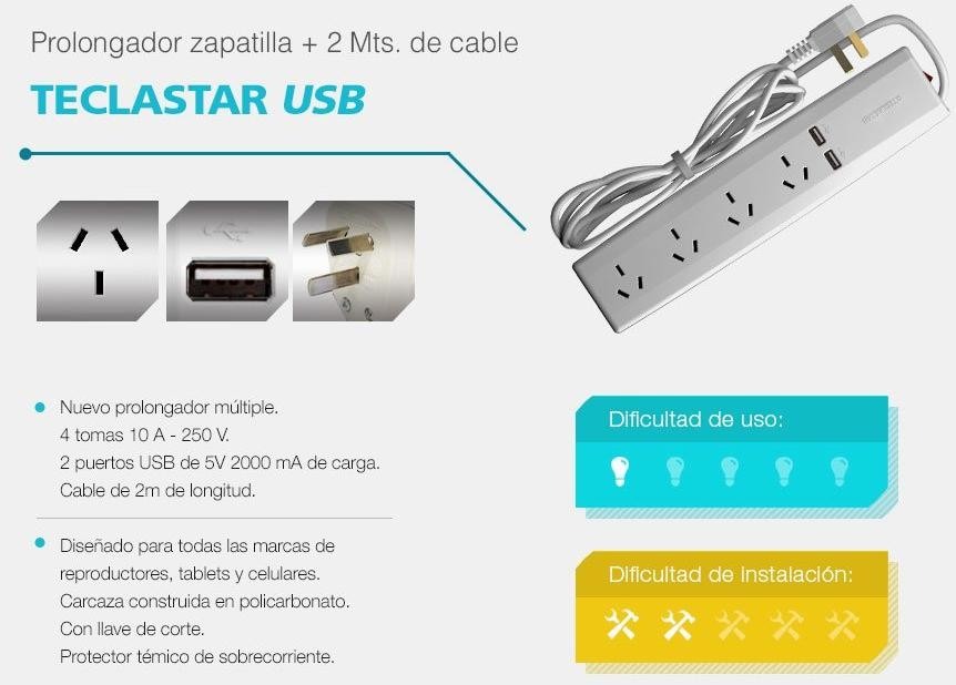 PROLONGACIÓN MÚLTIPLE 4 TOMAS + 2USB 2MTS TECLASTAR (802)