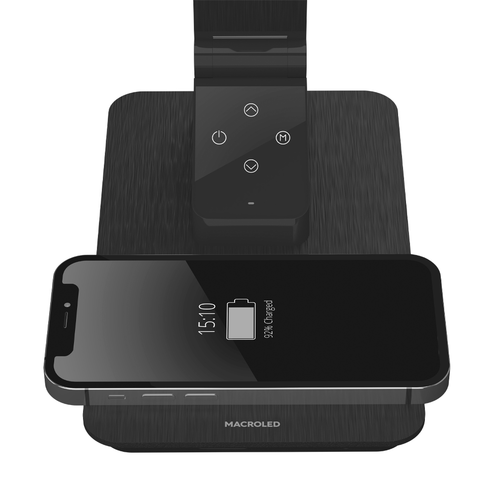 LAMPARA LED VELADOR NEGRO, 10W520LM, AC100-240V, RA>80, 5 TEMPCOLOR, DIMEABLE, CARGADOR RAPIDO INALAMBRICO, SALIDA USB, MEMORIA ULTIMA FUNCION  MACROLED (CERES)