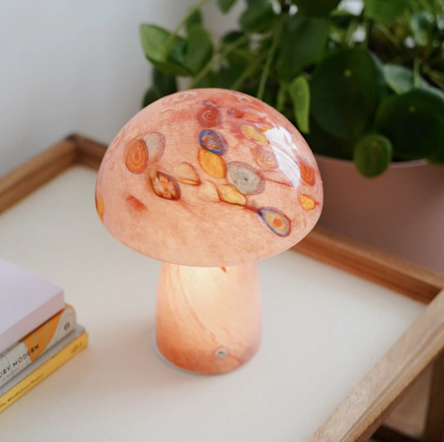 LAMPARA DE MESA FUNGI LED INALAMBRICA DE VIDRIO HONGO BLANCO Y NARANJA (IME023NR)