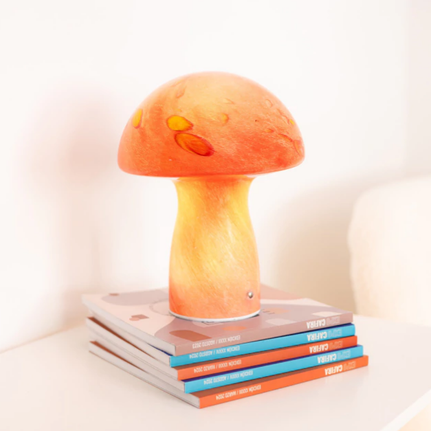 LAMPARA DE MESA FUNGI LED INALAMBRICA DE VIDRIO HONGO BLANCO Y NARANJA (IME023NR)
