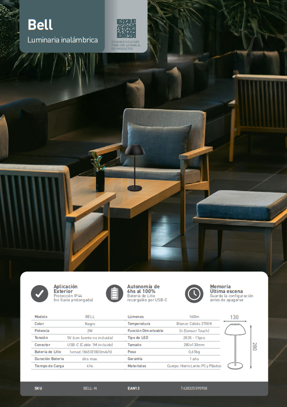 LAMPARA INALAMBRICA BELL NEGRO, DIMERIZABLE, 2700K, C/ CABLE USB-C (BELL-N)