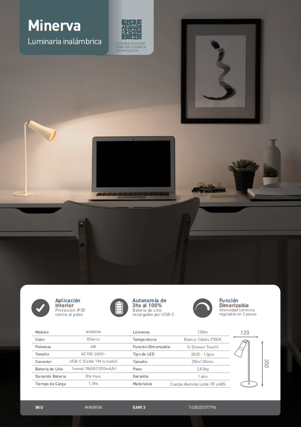 LAMPARA INALAMBRICA DE MESA MINERVA MACROLED (MINERVA)