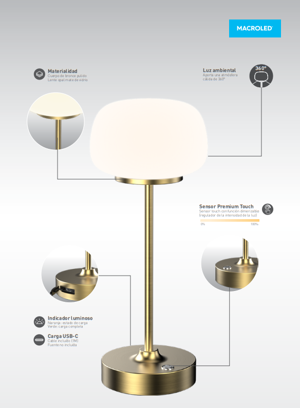 LAMPARA INALAMBRICA ELEGANCE COBRE, DIMERIZABLE, 2700K, C/ CABLE USB-C (ELEGANCE-C)