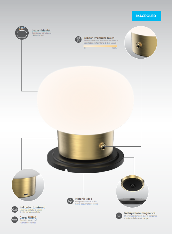 LAMPARA INALAMBRICA MUSHROOM COBRE, DIMERIZABLE, 2700K, C/ CABLE USB-C Y BASE DE CARGA (MUSHROOM-C-BASE)