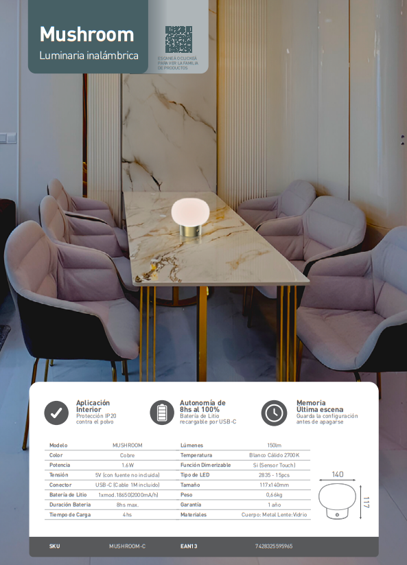 LAMPARA INALAMBRICA MUSHROOM COBRE, DIMERIZABLE, 2700K, C/ CABLE USB-C Y BASE DE CARGA (MUSHROOM-C-BASE)