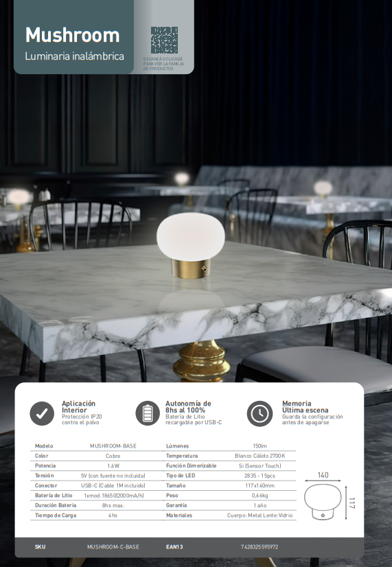 LAMPARA INALAMBRICA MUSHROOM COBRE, DIMERIZABLE, 2700K, C/ CABLE USB-C Y BASE DE CARGA (MUSHROOM-C-BASE)