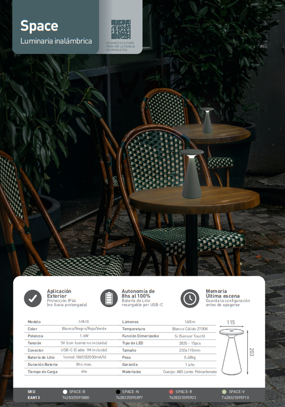 LAMPARA INALAMBRICA SPACE NEGRA, DIMERIZABLE, 2700K, C/ CABLE USB-C (SPACE-N)