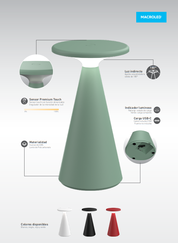 LAMPARA INALAMBRICA SPACE VERDE, DIMERIZABLE, 2700K, C/ CABLE USB-C (SPACE-V)