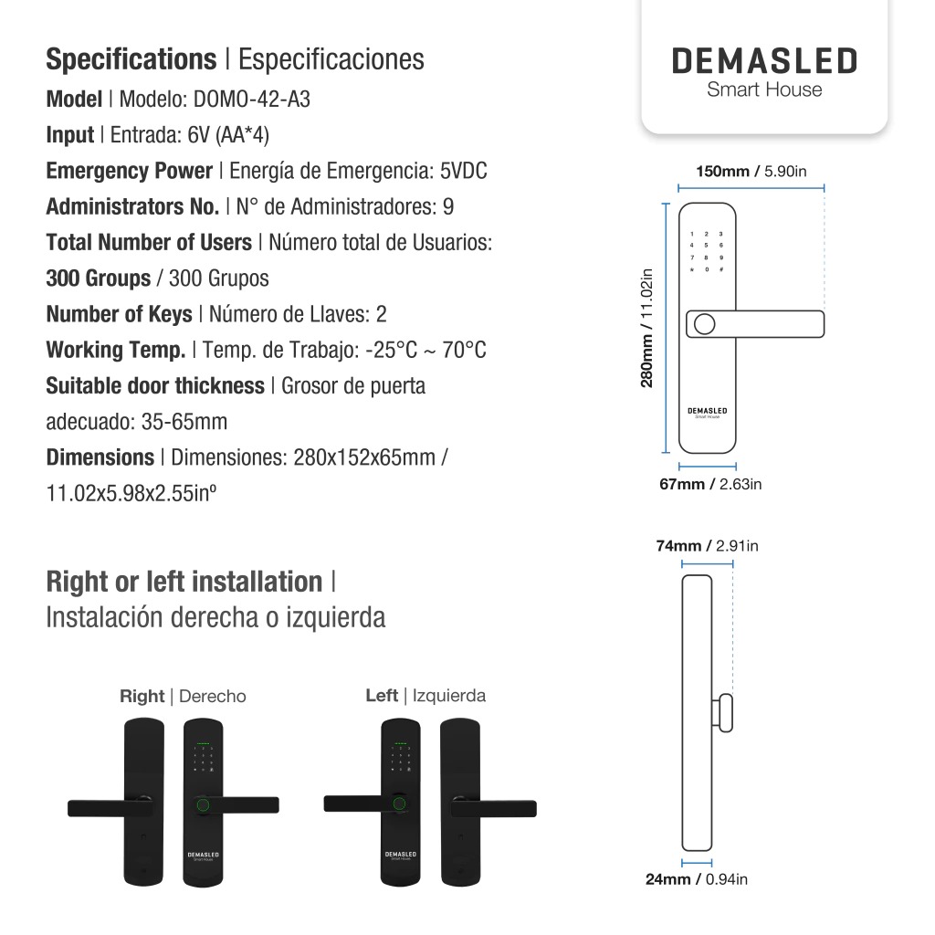 CERRADURA BIOMÉTRICA SMART WIFI 5 EN 1 (DOMO-39-A3)