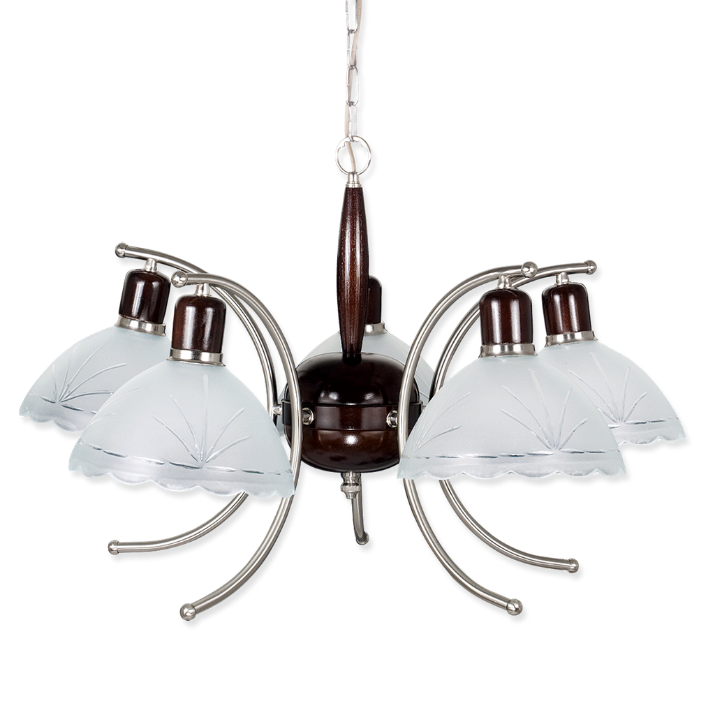 ARAÑA MAIORI 5 LUCES NOGAL BRAZO REDONDO PLATIL TULIPA TALLADA CARILUX (900/5)