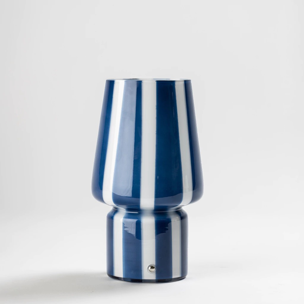 LAMPARA LED INALAMBRICA DE VIDRIO RAYAS BLANCAS Y AZULES ALTORANCHO (IME048AZ)