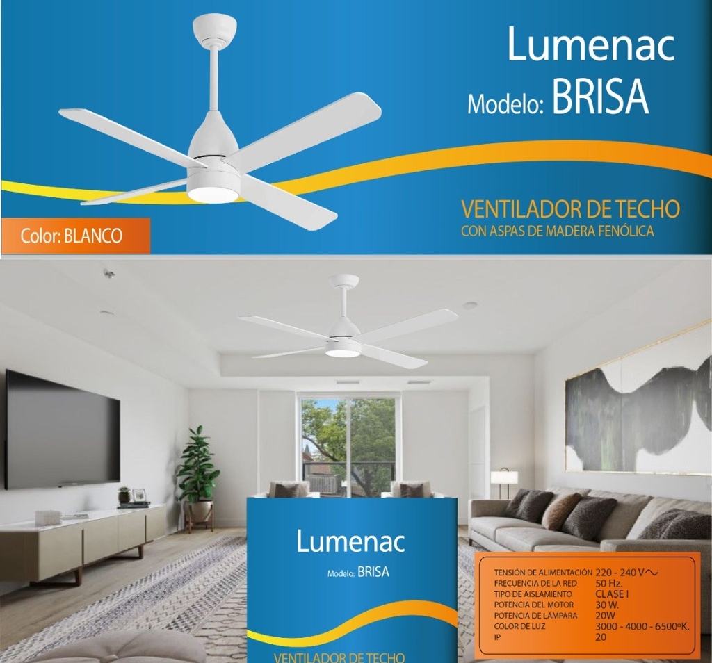 VENTILADOR TECHO ASPAS DE MADERA BLANCA BRISA 