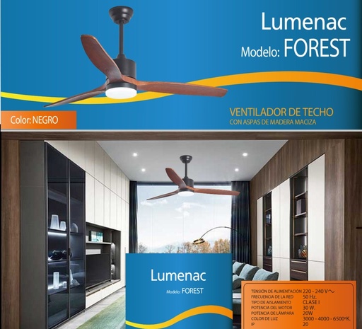 [4908109] VENTILADOR TECHO ASPAS DE MADERA MACIZA FOREST 